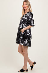 Black Satin Floral Square Neck Mini Dress