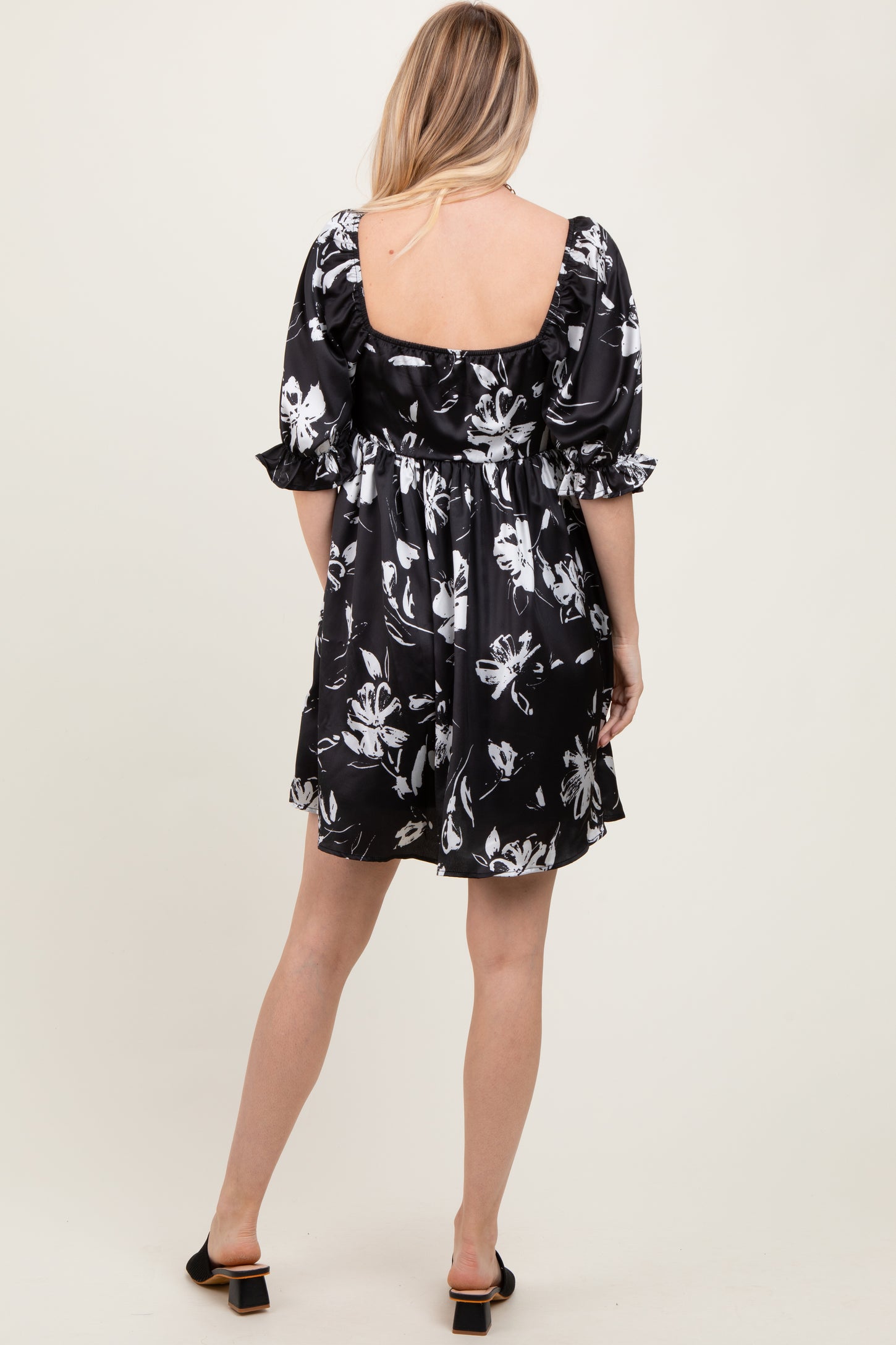 Black Satin Floral Square Neck Mini Dress