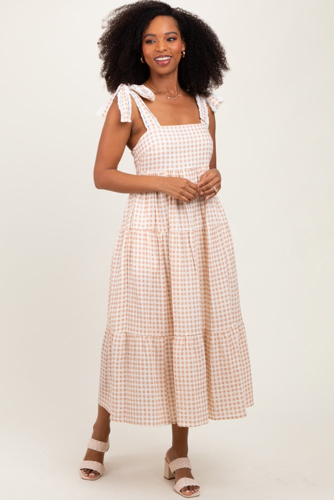 Camel Gingham Lace Trim Shoulder Tie Maternity Maxi Dress