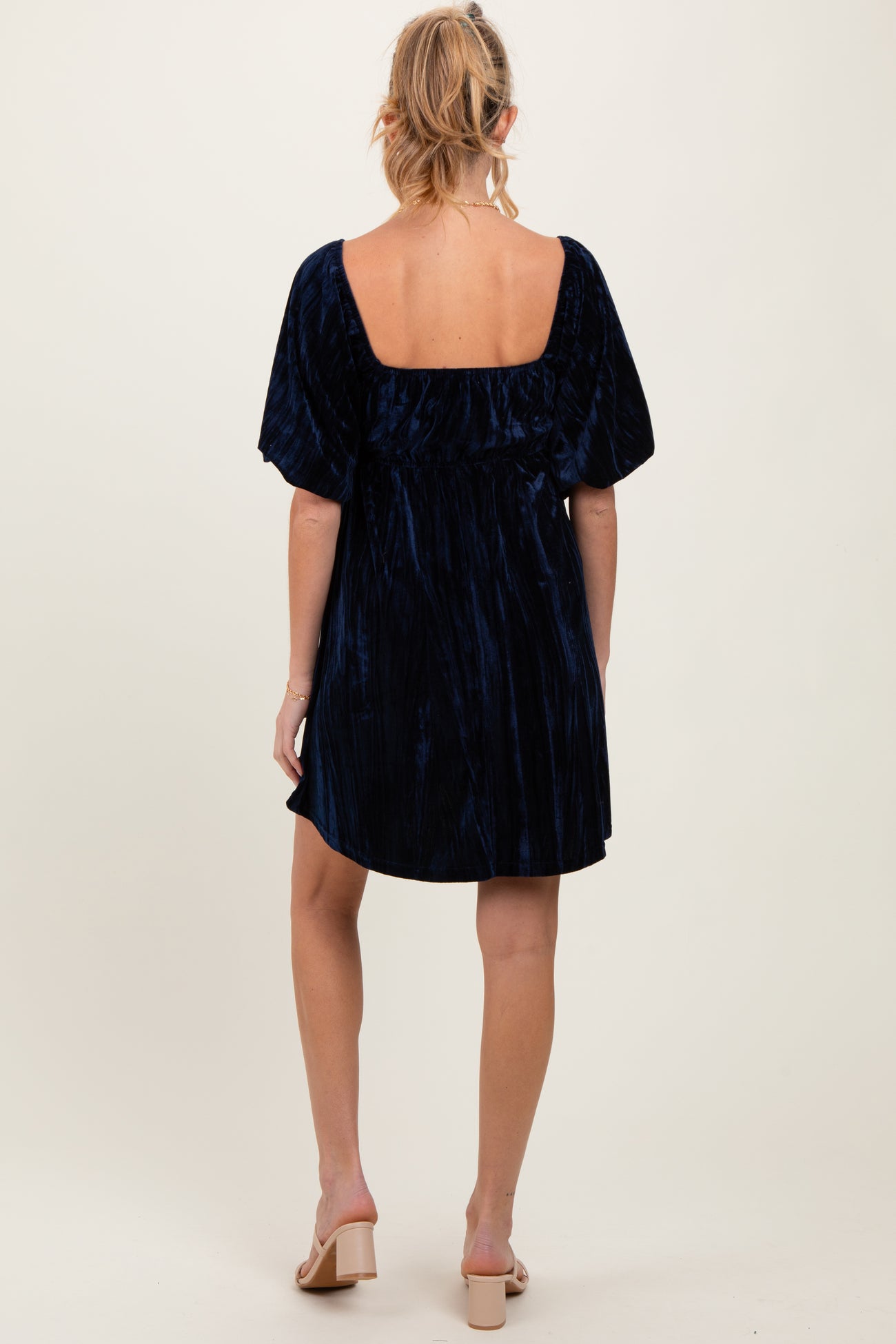 Navy Crushed Velvet Puff Sleeve Maternity Mini Dress