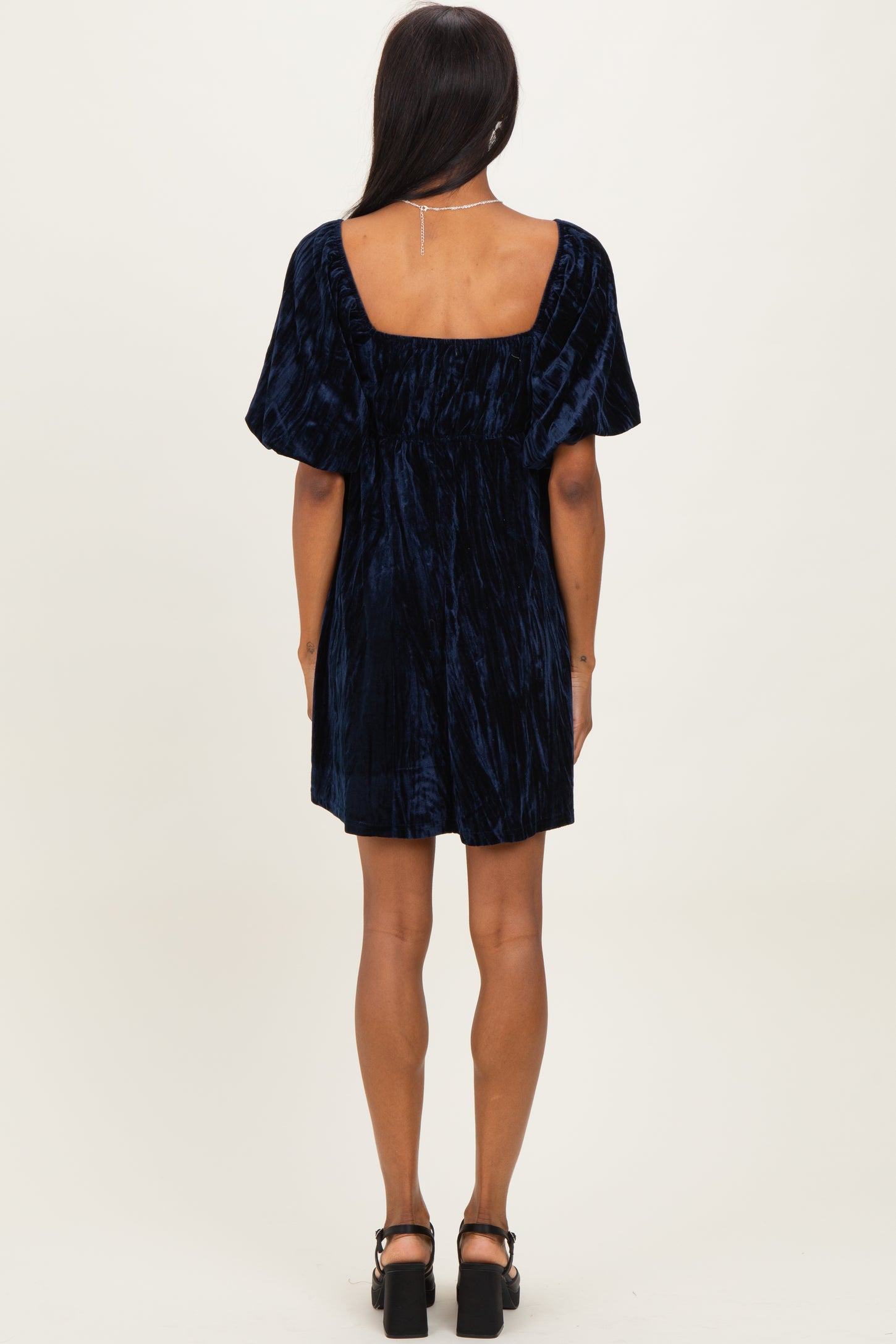 Navy Crushed Velvet Puff Sleeve Mini Dress