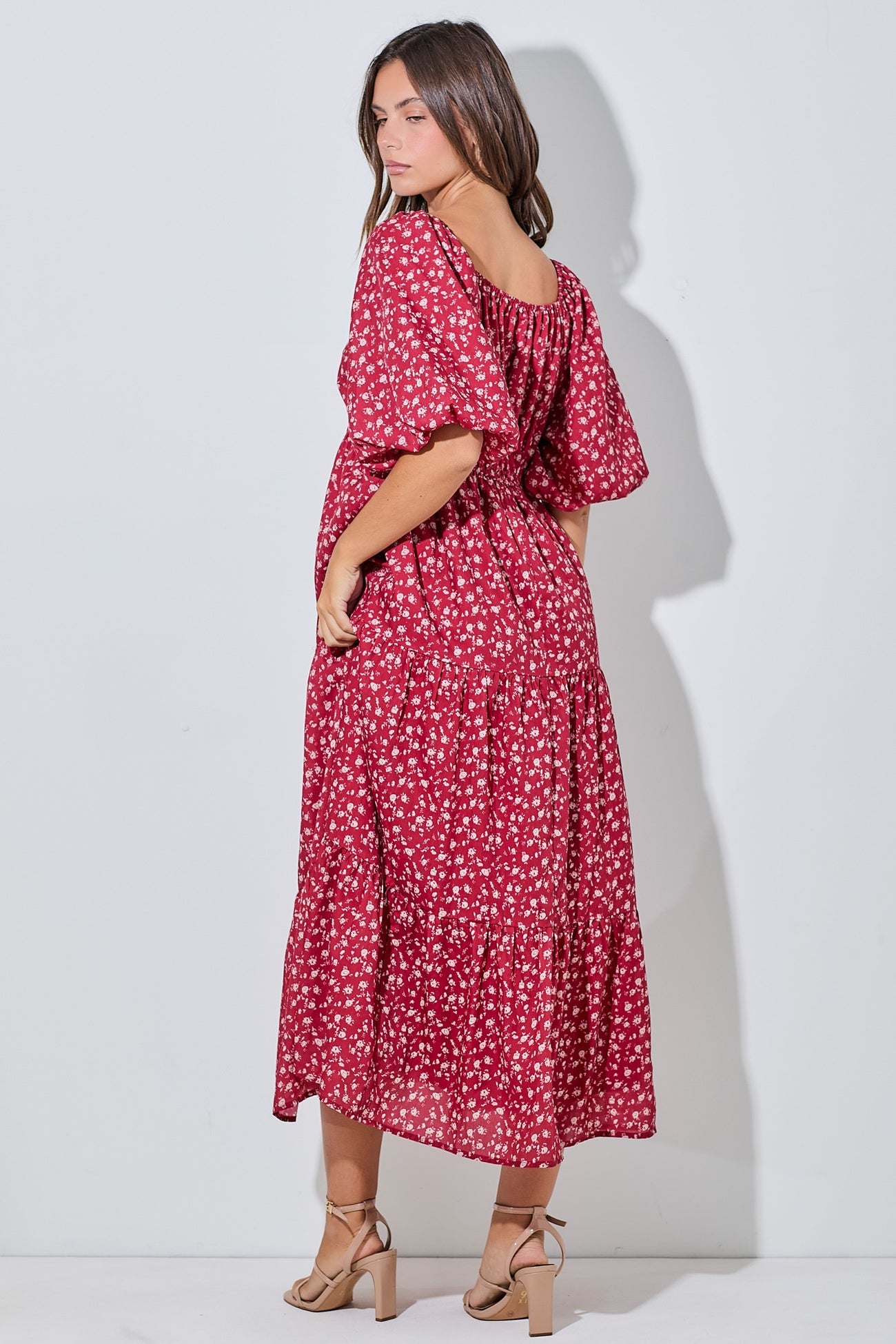 Red Floral Puff Sleeve Tiered Maxi Dress