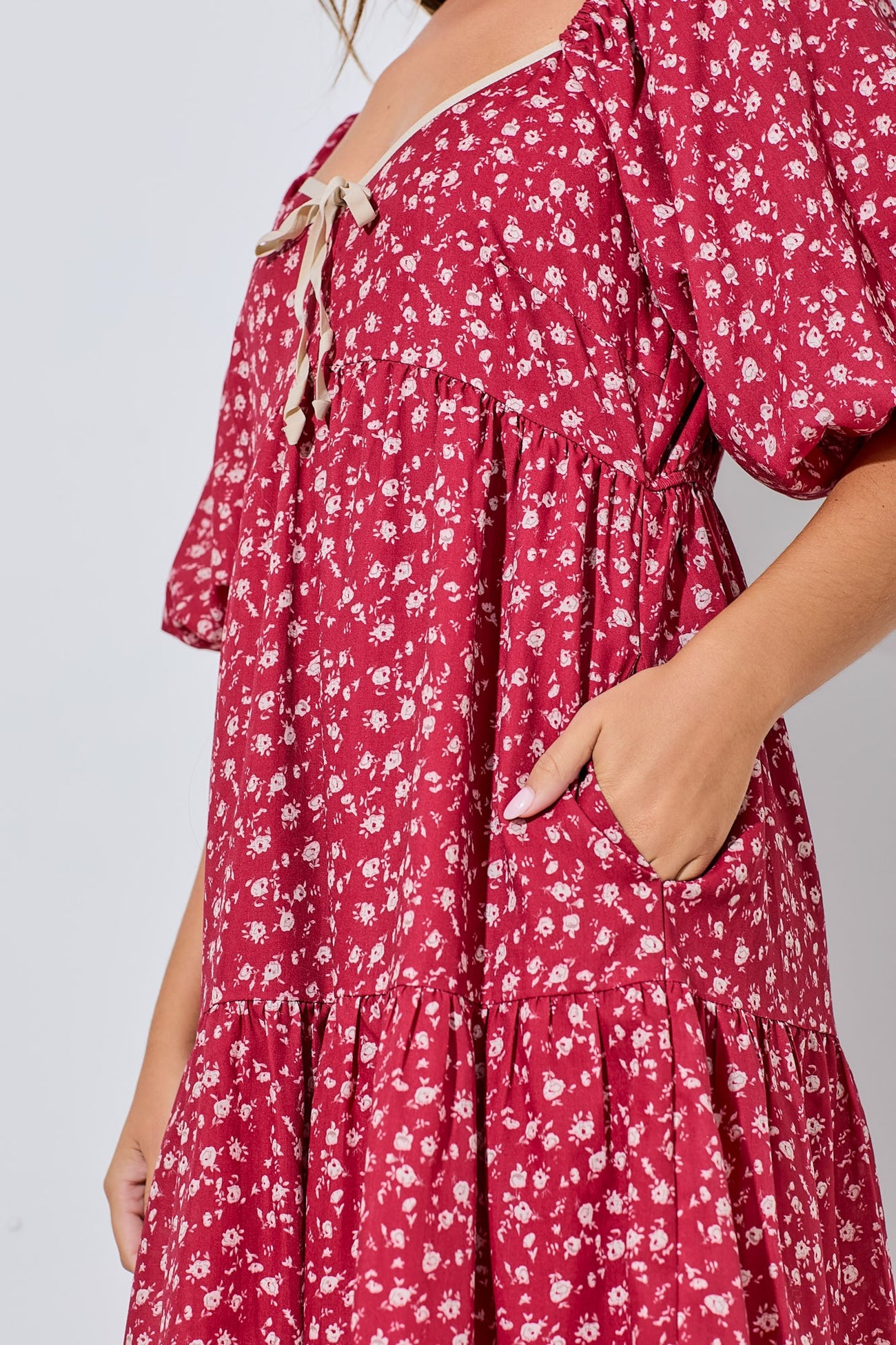 Red Floral Puff Sleeve Tiered Maxi Dress