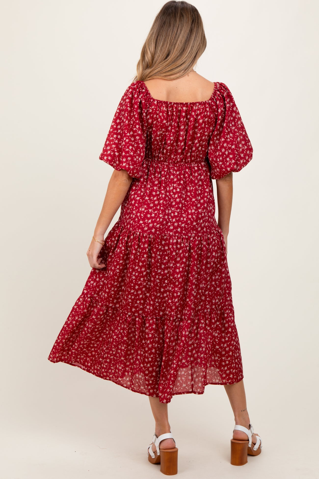 Red Floral Puff Sleeve Tiered Maternity Maxi Dress