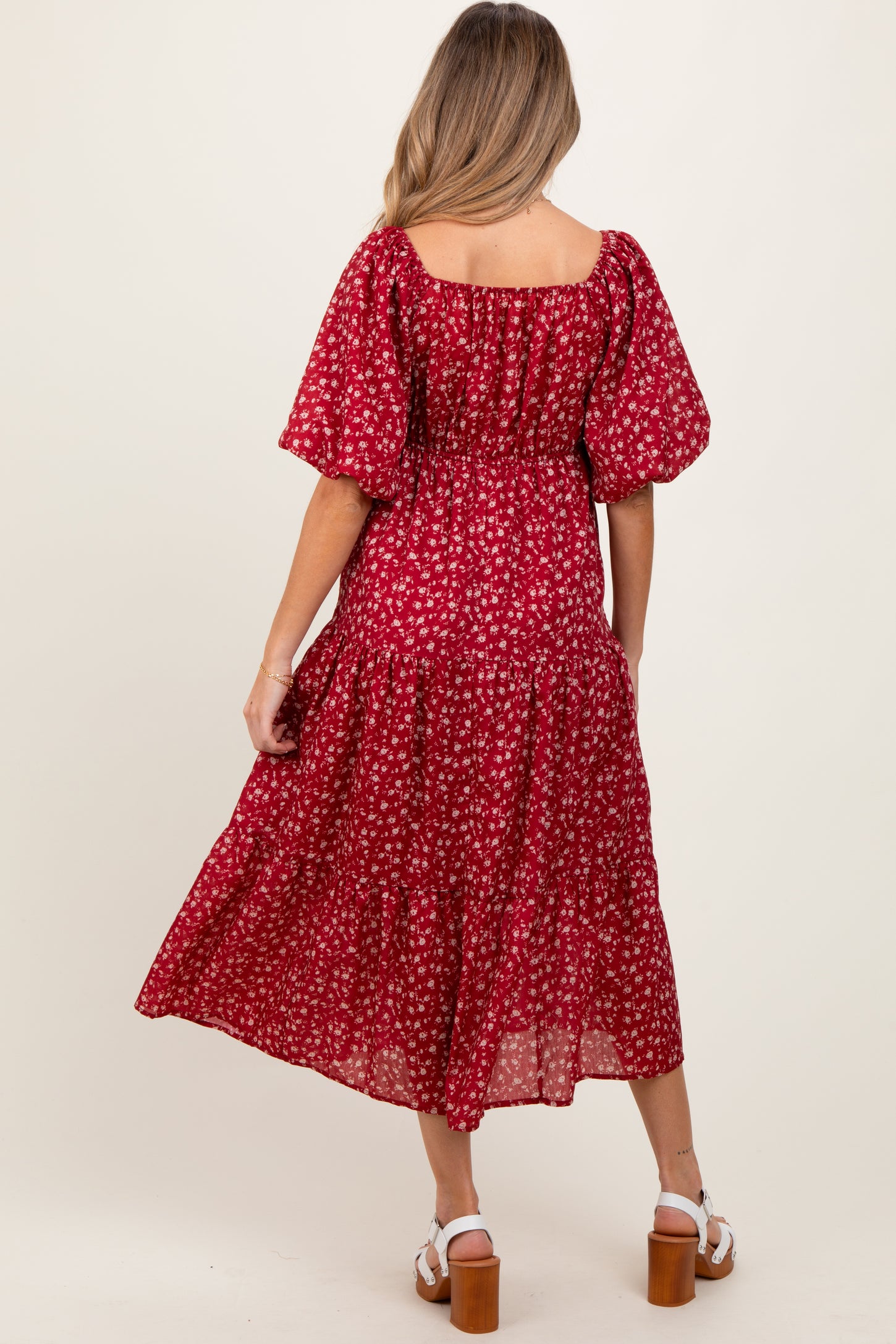 Red Floral Puff Sleeve Tiered Maternity Maxi Dress