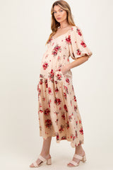 Cream Floral Puff Sleeve Maternity Tiered Maxi Dress