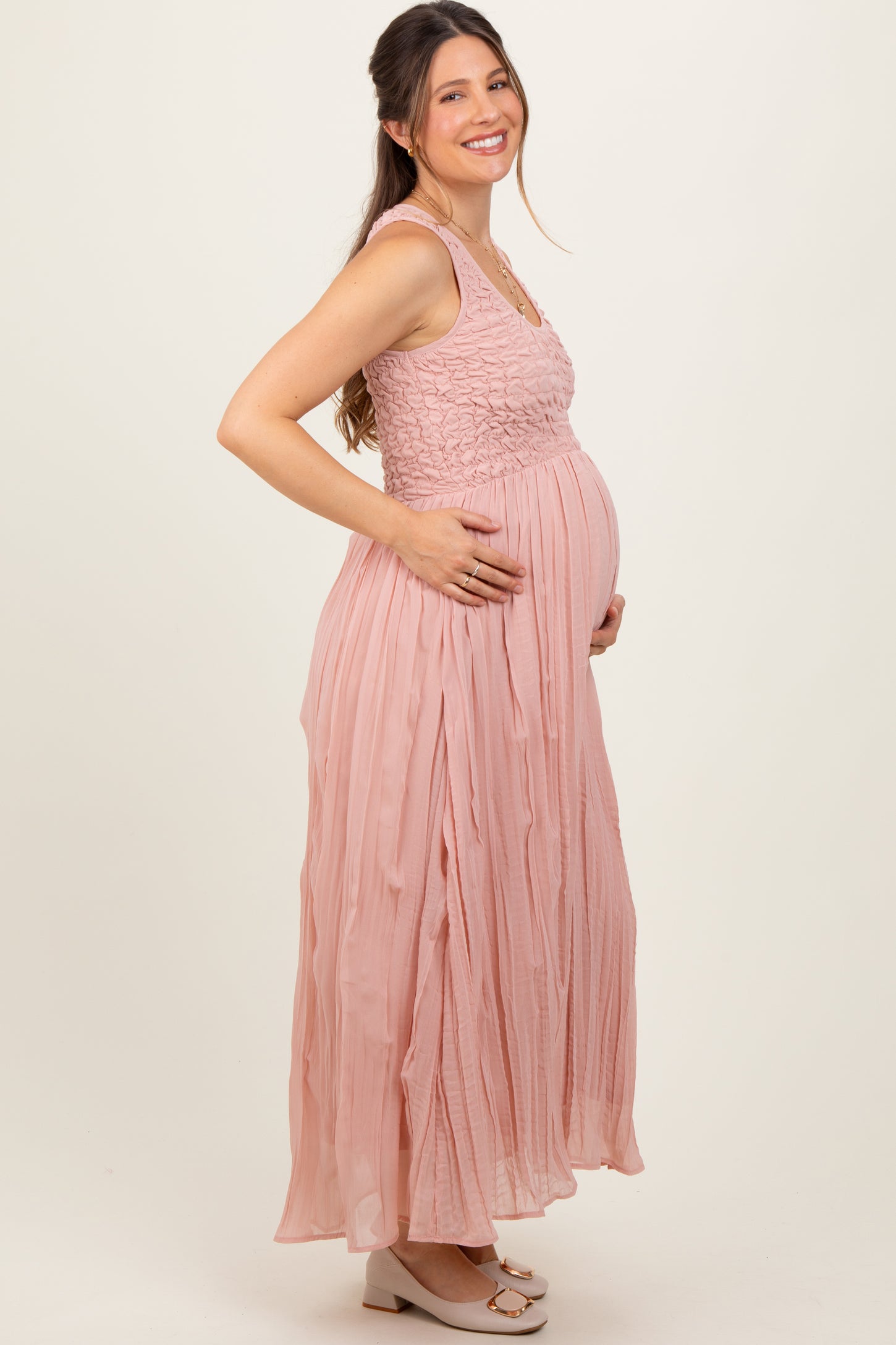 Light Pink Textured Smocked Bodice Sleeveless Maternity Maxi Dress