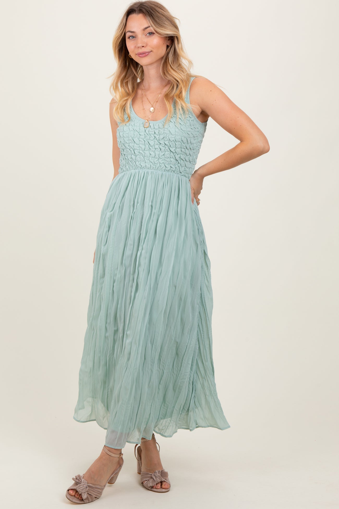 Light Olive Textured Smocked Bodice Sleeveless Maxi Dress