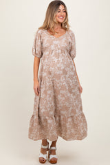 Camel Floral Tiered Puff Sleeve Maternity Midi Dress