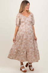 Camel Floral Tiered Puff Sleeve Maternity Midi Dress