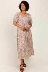 Camel Floral Tiered Puff Sleeve Maternity Midi Dress