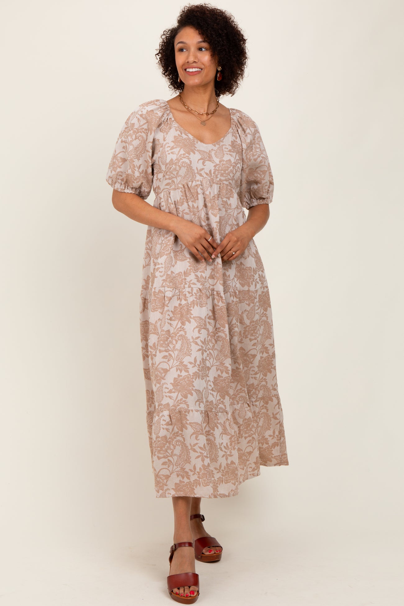 Camel Floral Tiered Puff Sleeve Midi Dress