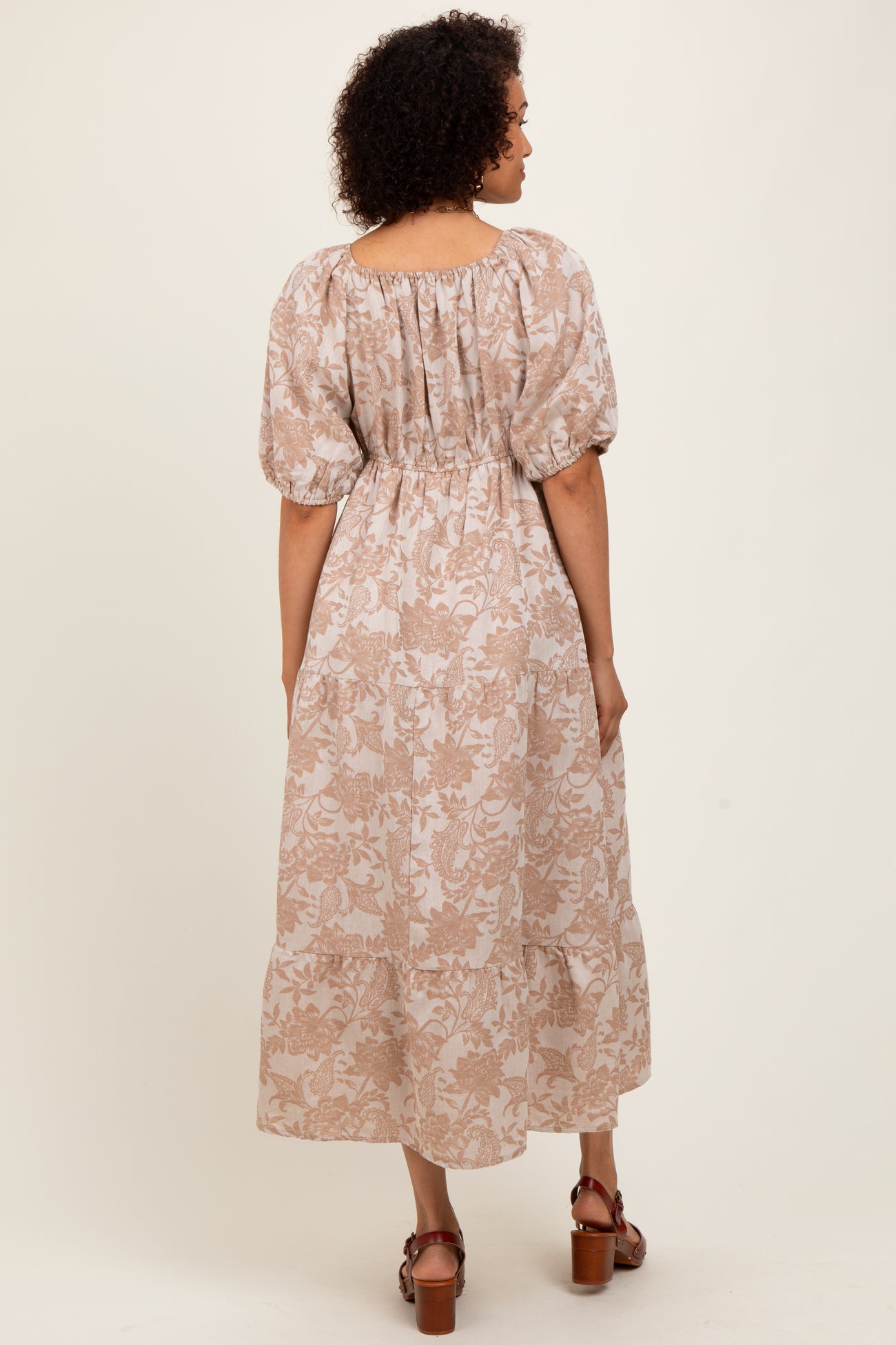 Camel Floral Tiered Puff Sleeve Midi Dress