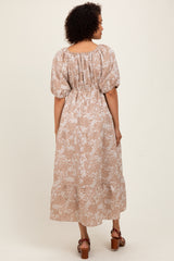 Camel Floral Tiered Puff Sleeve Midi Dress