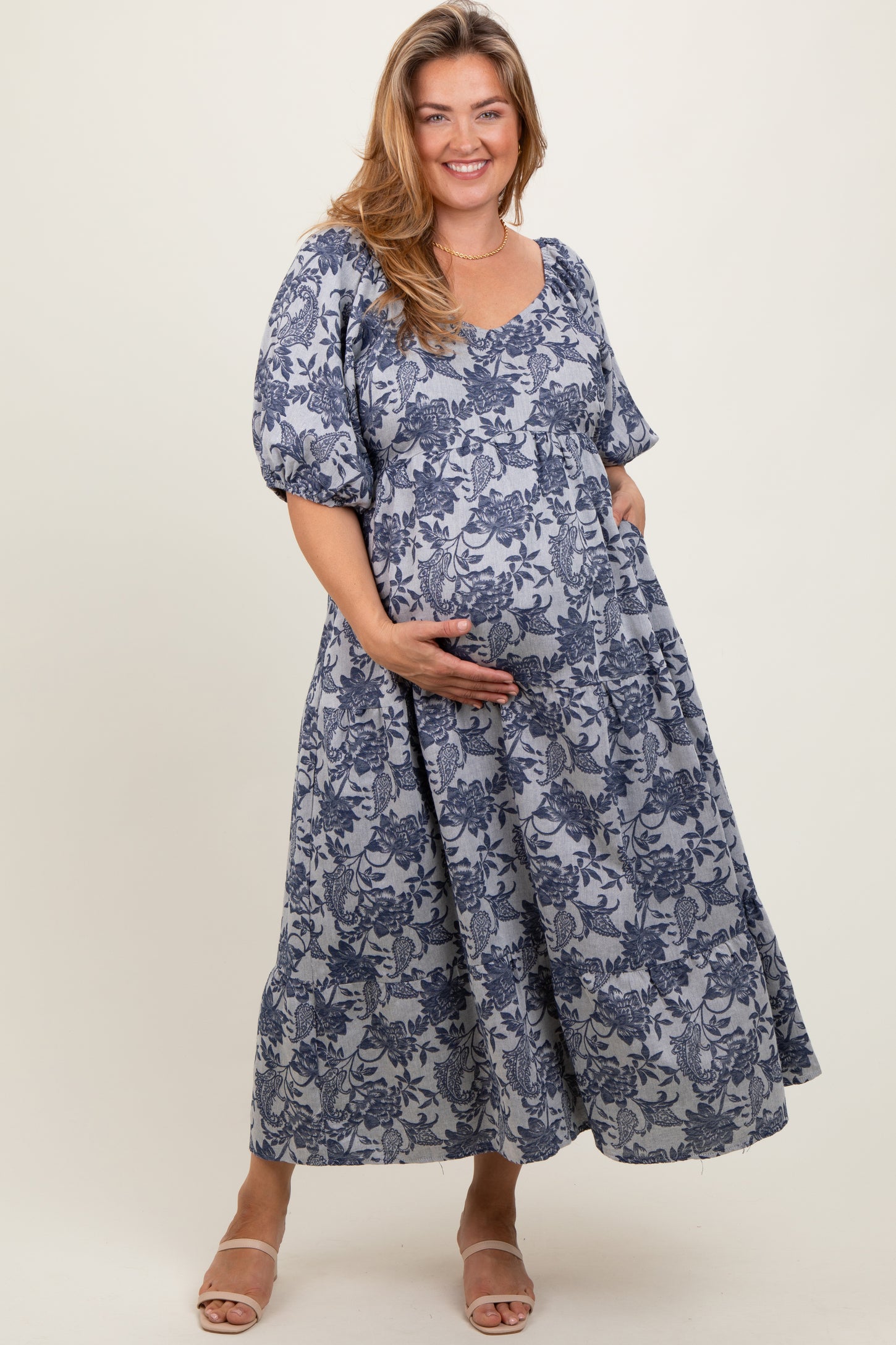 Navy Floral Tiered Puff Sleeve Maternity Plus Midi Dress