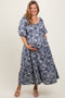 Navy Floral Tiered Puff Sleeve Maternity Plus Midi Dress