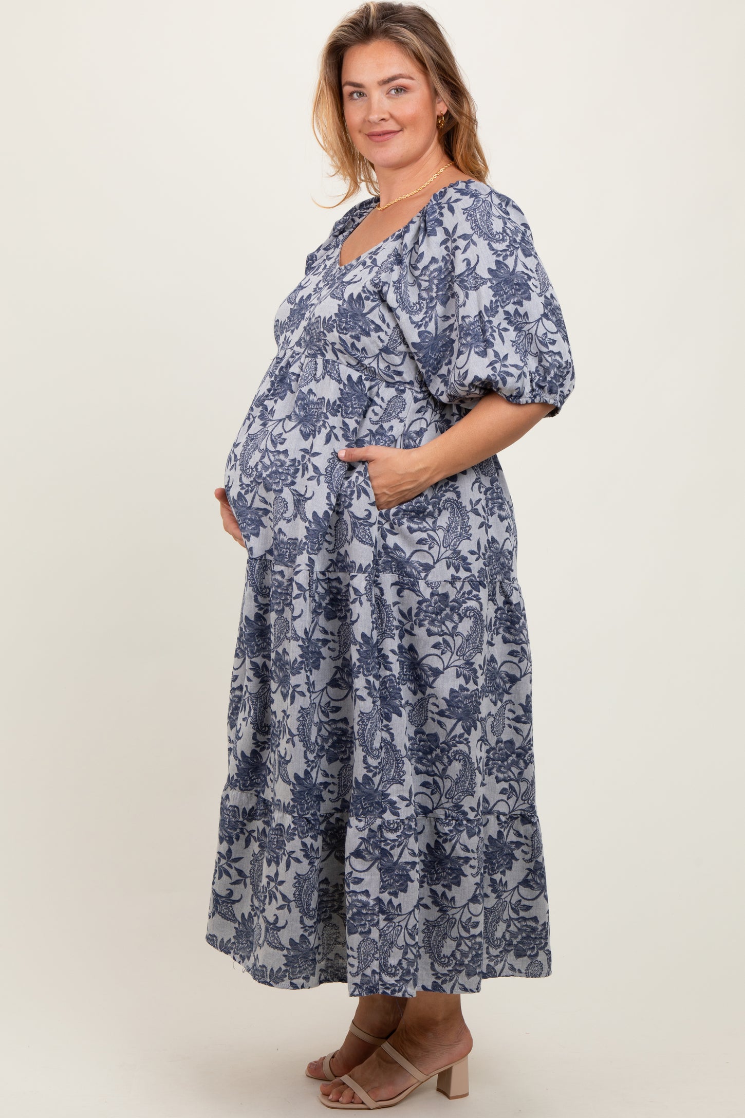 Navy Floral Tiered Puff Sleeve Maternity Plus Midi Dress