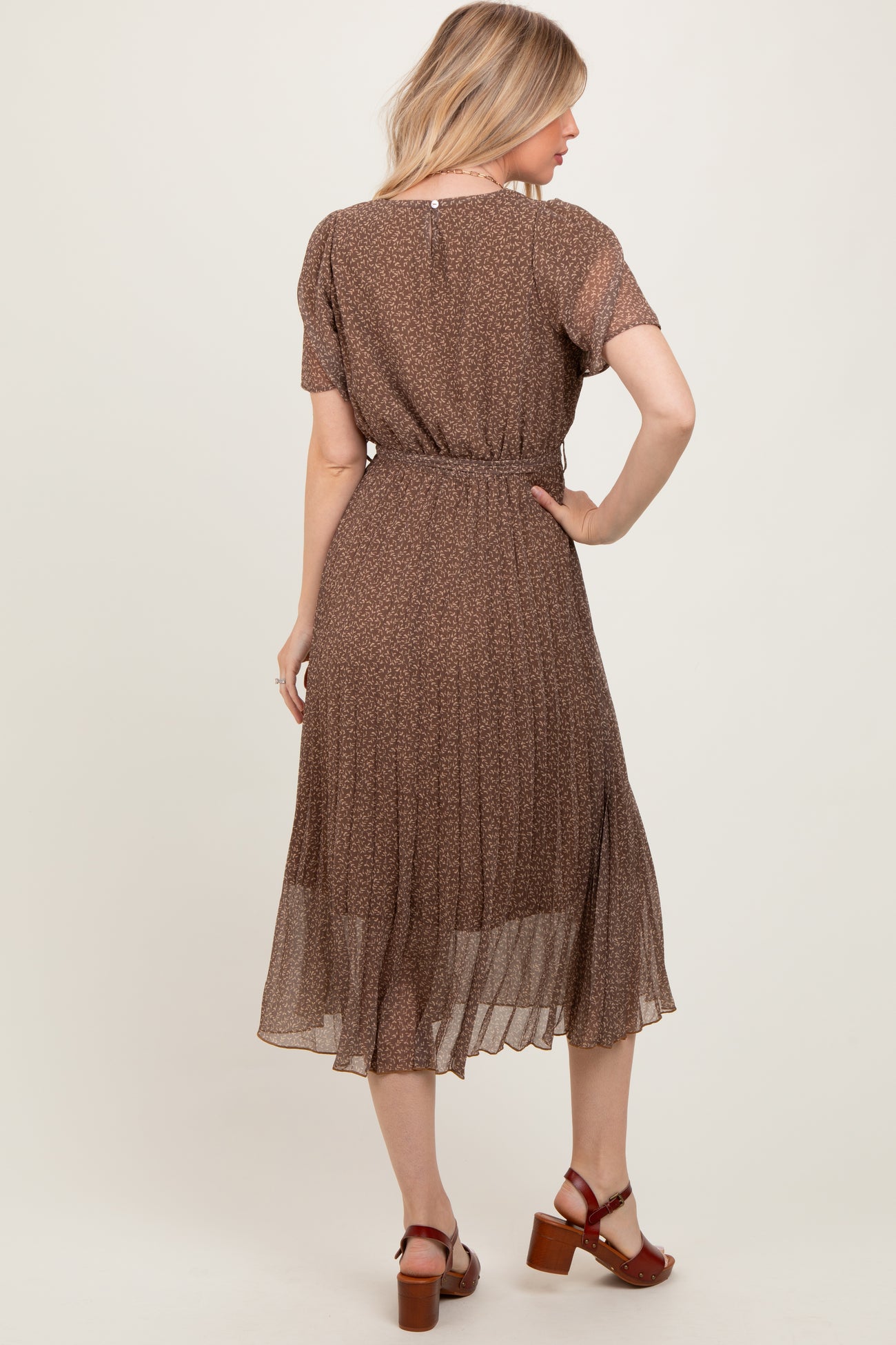 Mocha Leaf Print Pleated Midi Dress