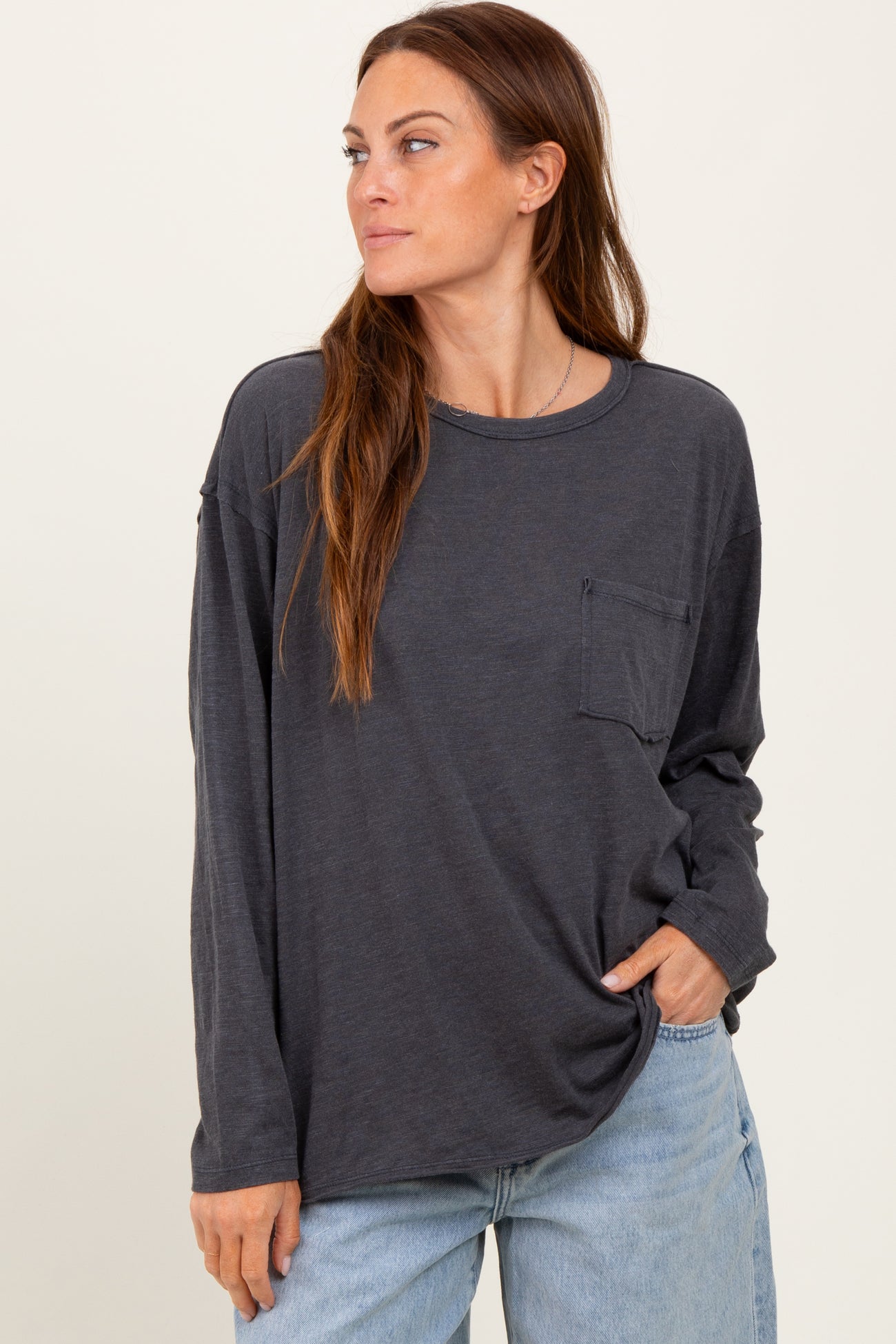 Charcoal Mineral Wash Front Pocket Long Sleeve Maternity Top