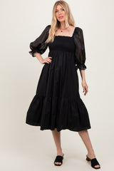 Black Chiffon Smocked Puff Sleeve Maternity Midi Dress