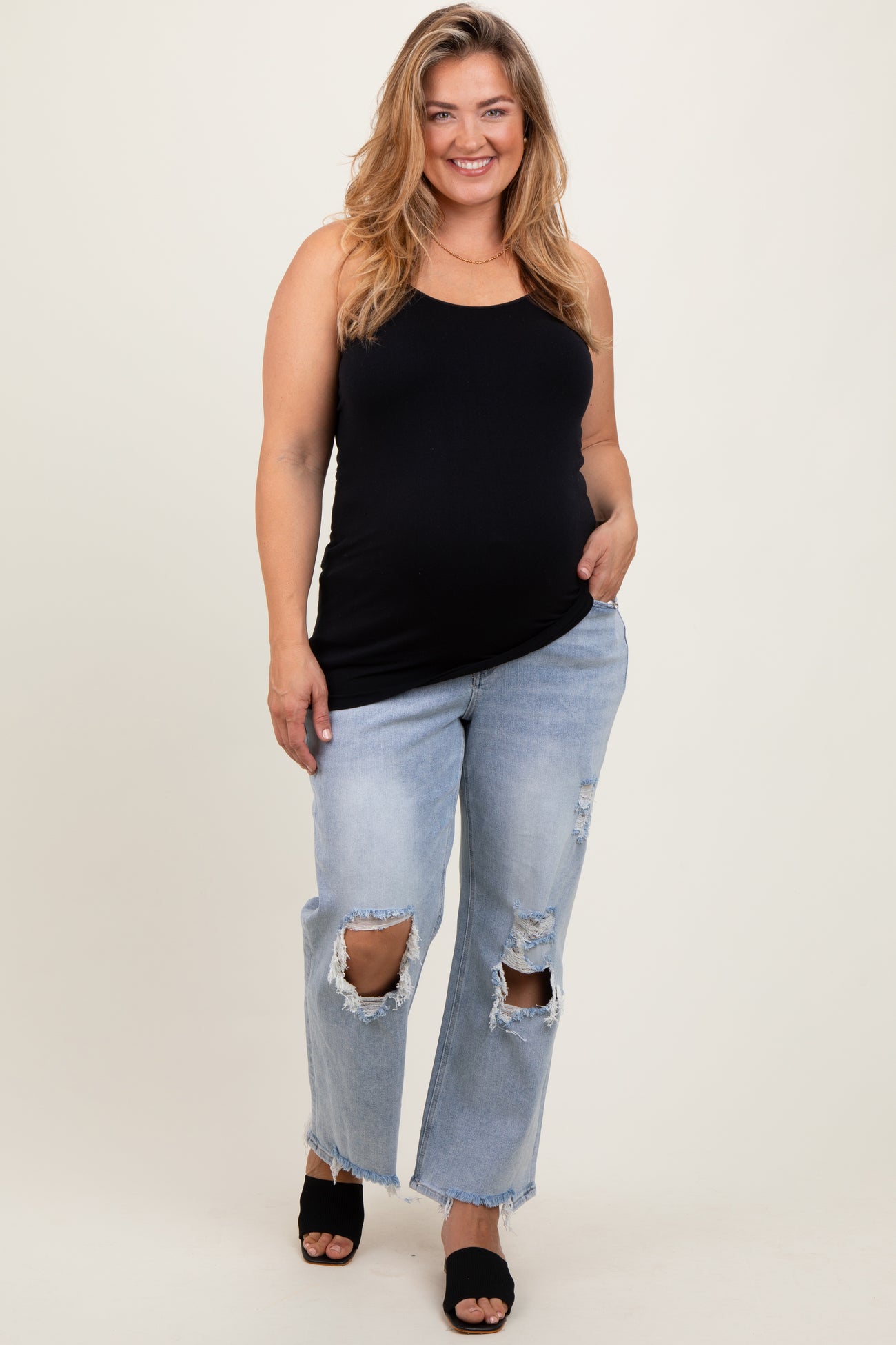 Light Blue Distressed Open Knee Straight Leg Maternity Plus Jeans