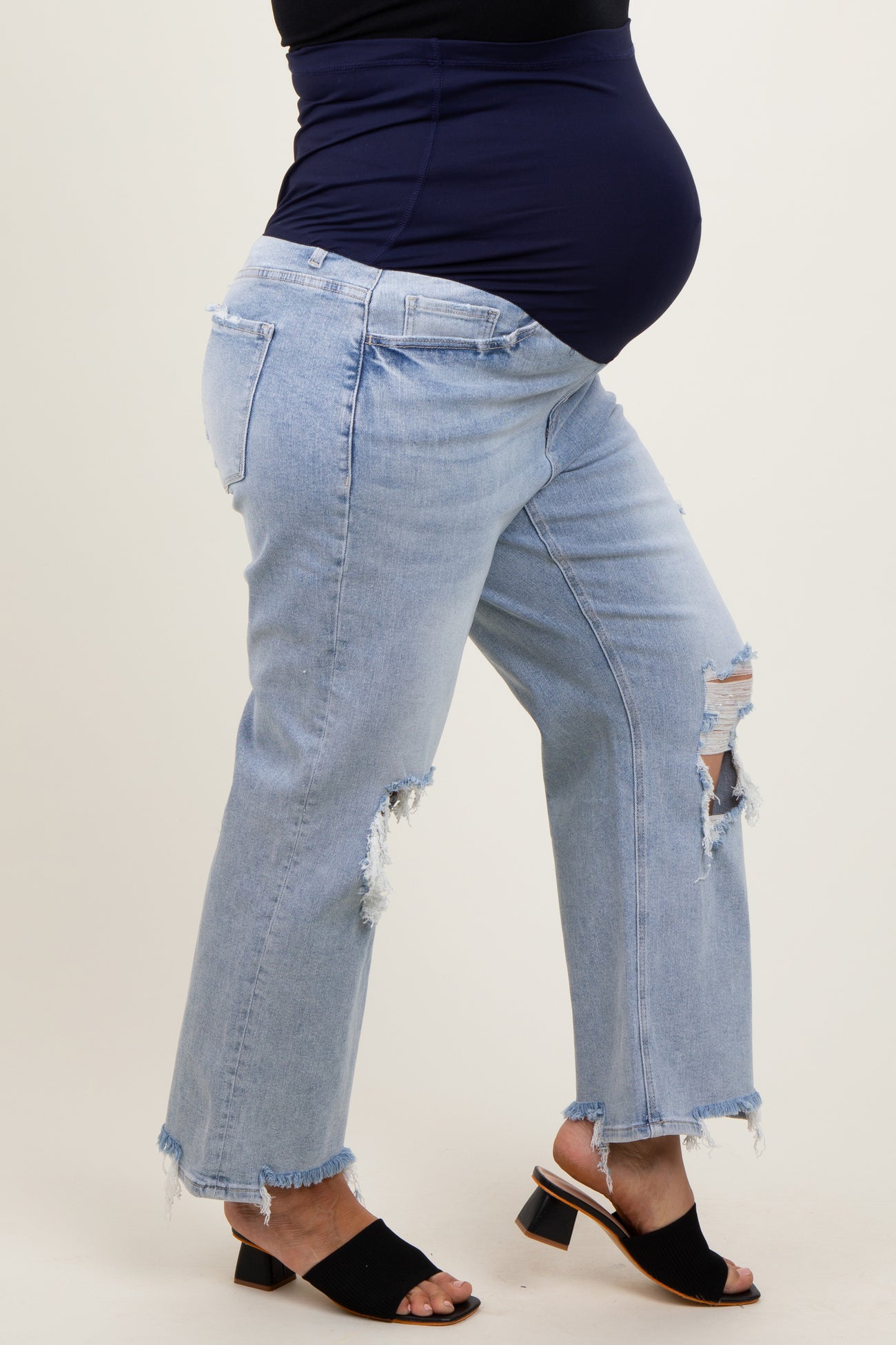 Light Blue Distressed Open Knee Straight Leg Maternity Plus Jeans