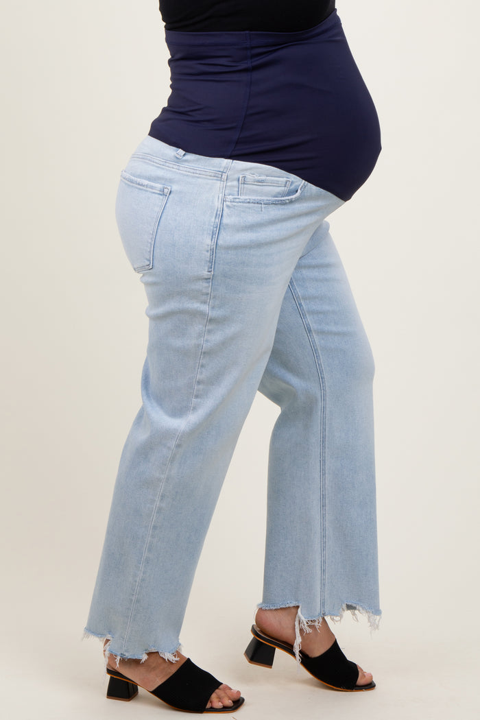 Light Blue Distressed Hem Slim Wide Leg Maternity Plus Jeans