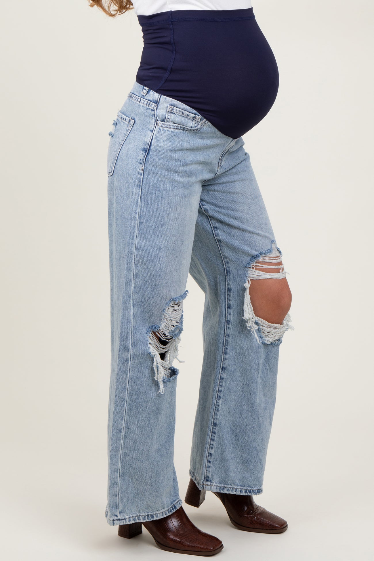 Light Blue Heavily Distressed Open Knee Wide Leg Maternity Jeans