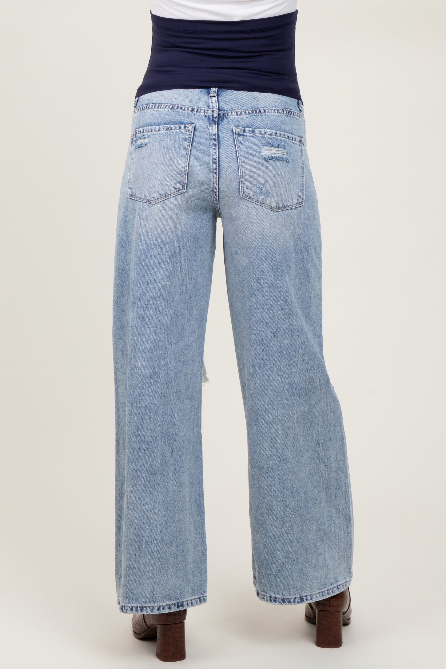 Light Blue Heavily Distressed Open Knee Wide Leg Maternity Jeans