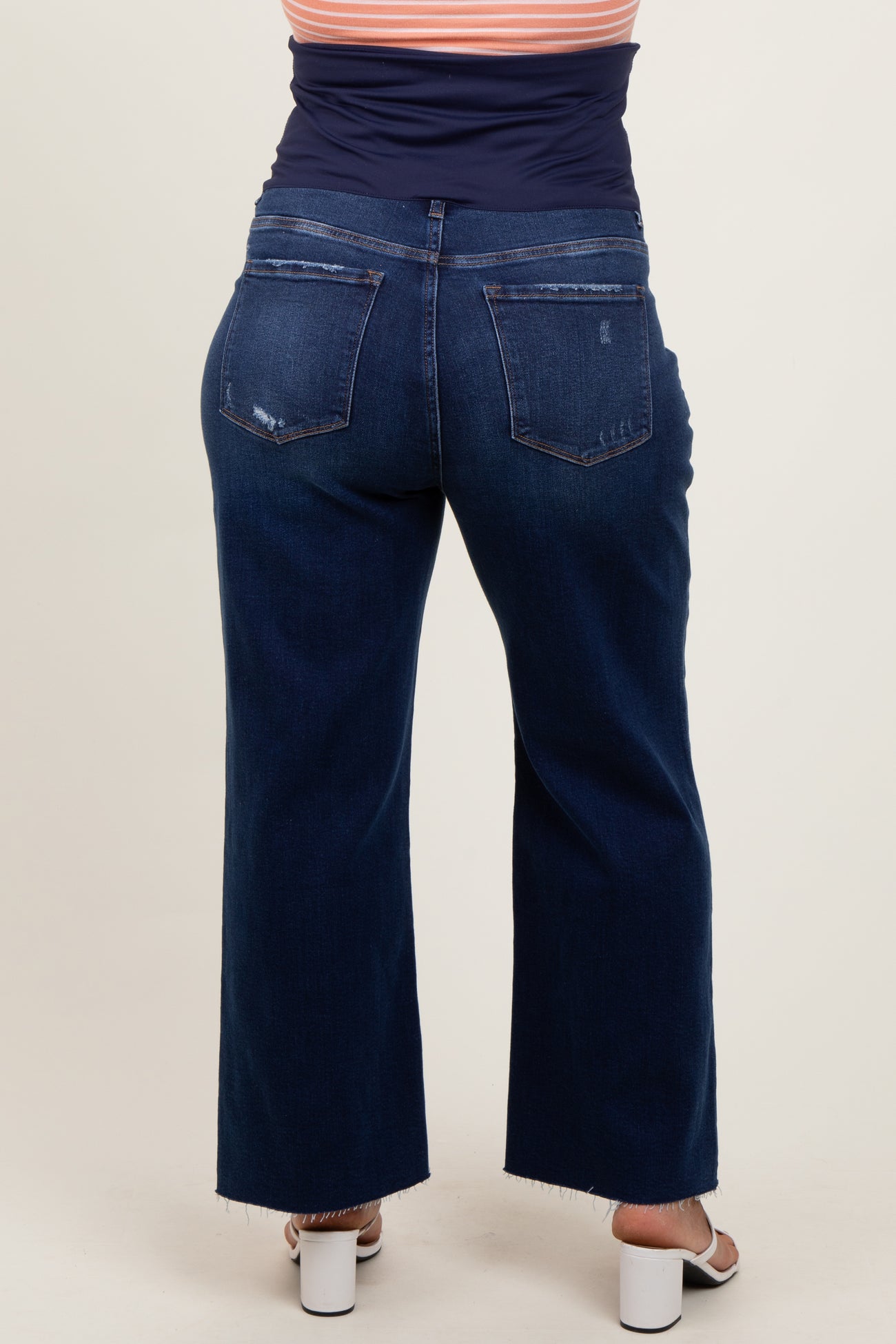 Navy Blue Raw Hem Wide Leg Maternity Plus Jeans