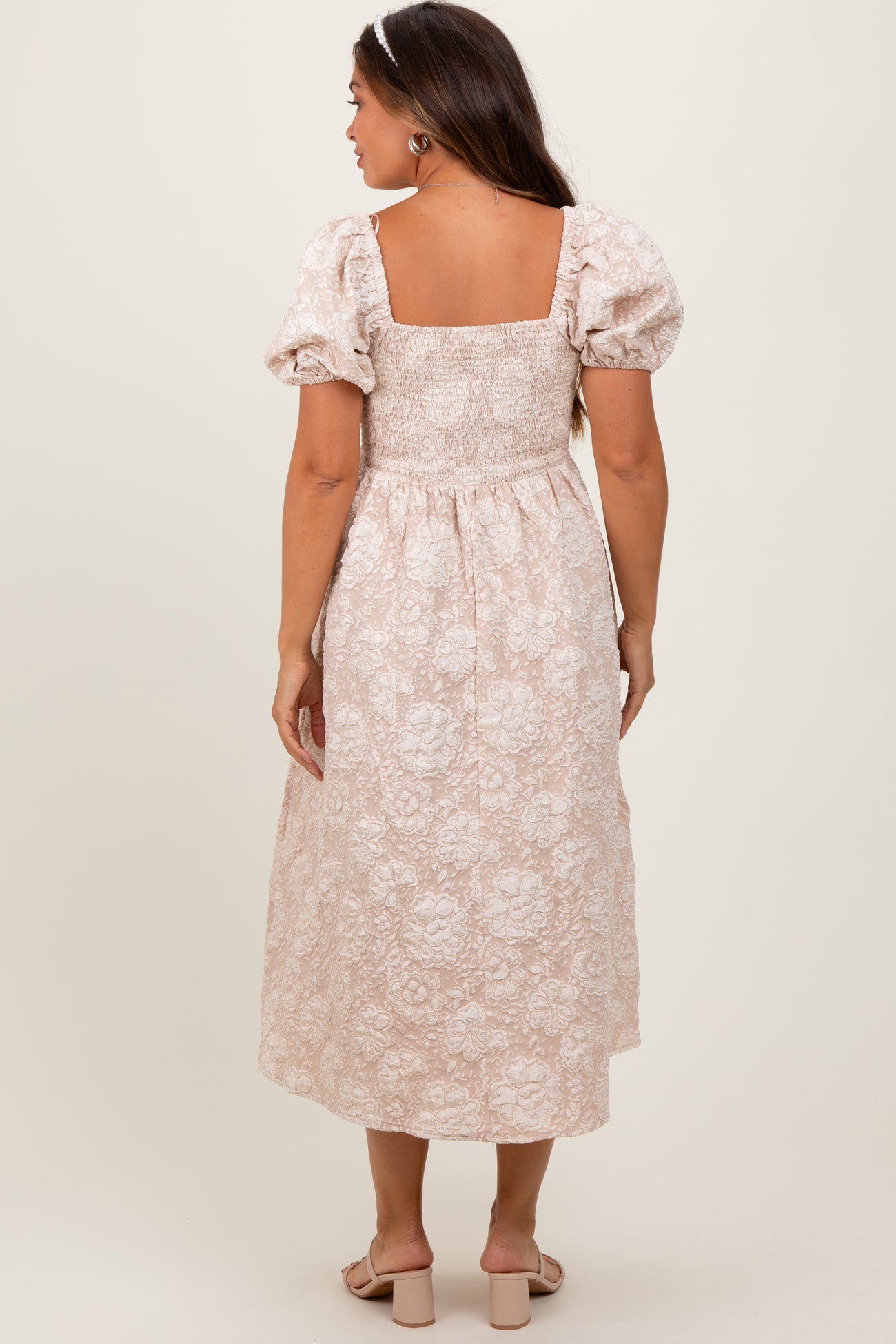 Beige Floral Jacquard Knit Puff Sleeves Maternity Midi Dress