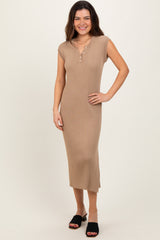 Mocha Ribbed Knit Button Up Sleeveless Maternity Midi Dress