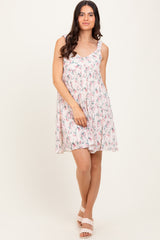 Pink Floral Plisse Texture Maternity Mini Dress
