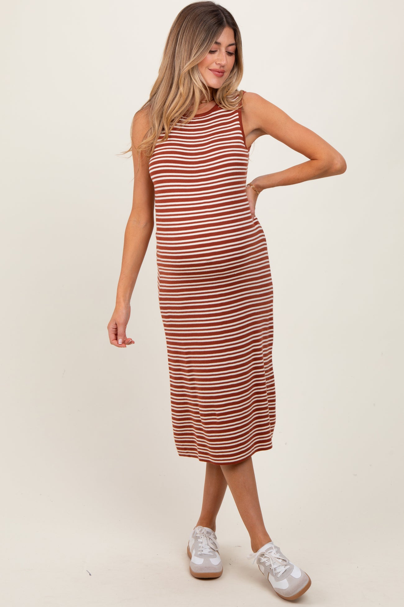 Rust Striped Knit Sleeveless Maternity Midi Dress