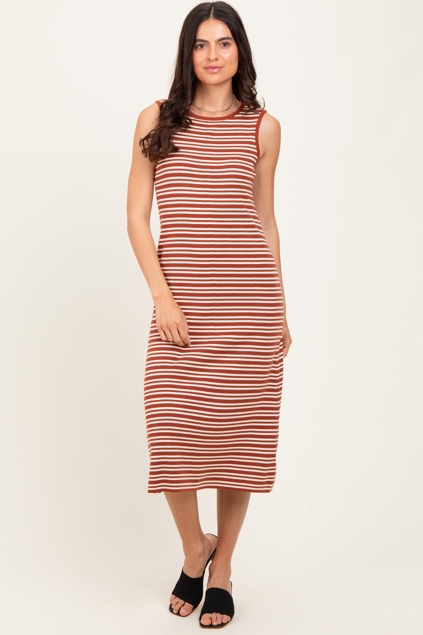 Rust Striped Knit Sleeveless Maternity Midi Dress