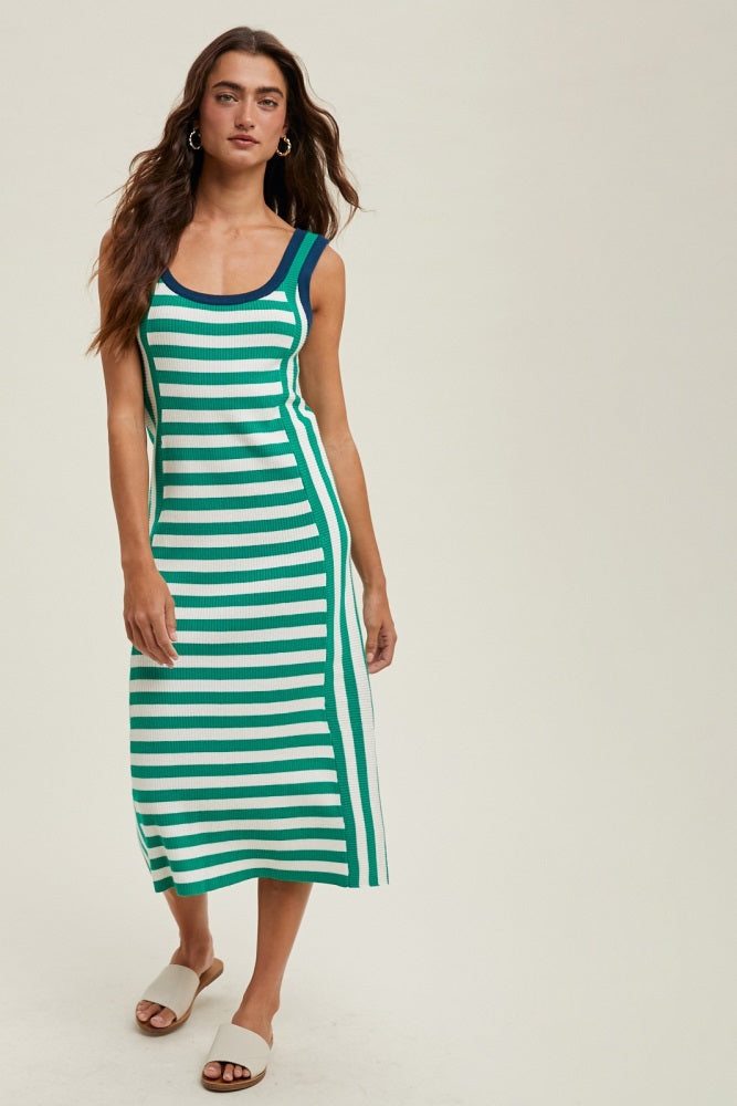 Green Mixed Stripe Ribbed Knit Sleeveless Maternity Midi Dress