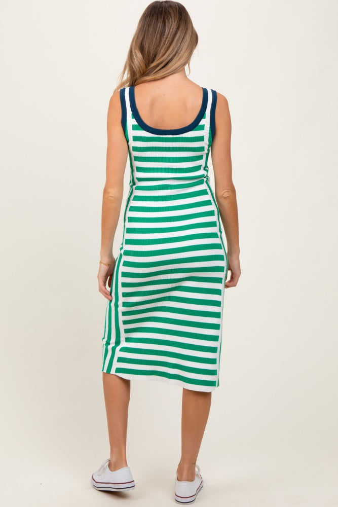 Green Mixed Stripe Ribbed Knit Sleeveless Maternity Midi Dress
