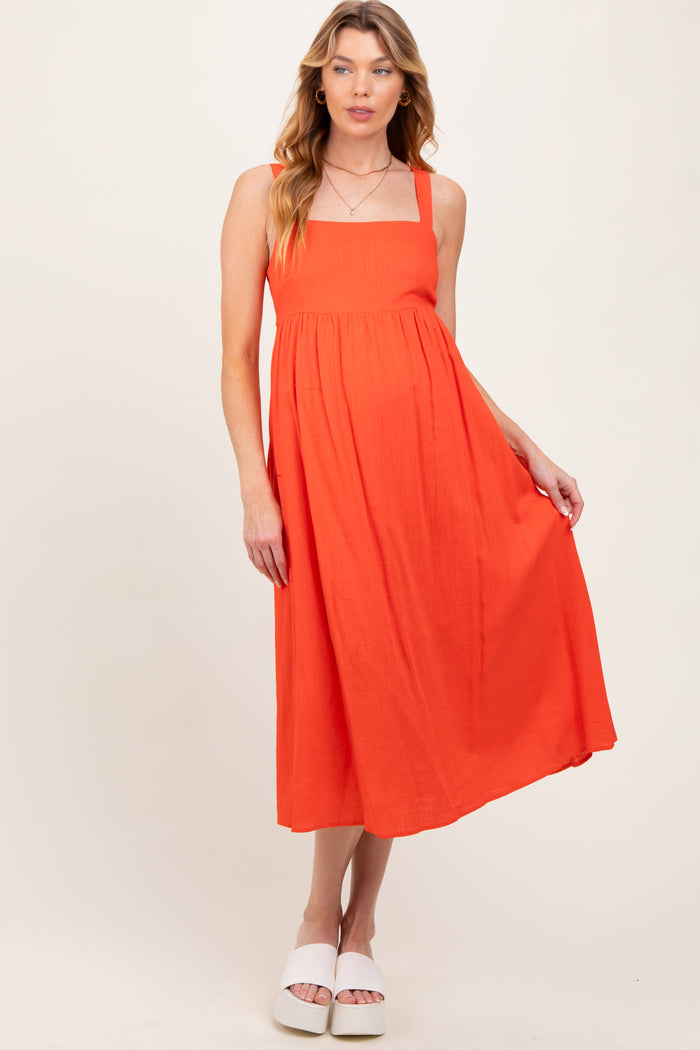 Orange Linen Blend Square Neck Maternity Midi Dress