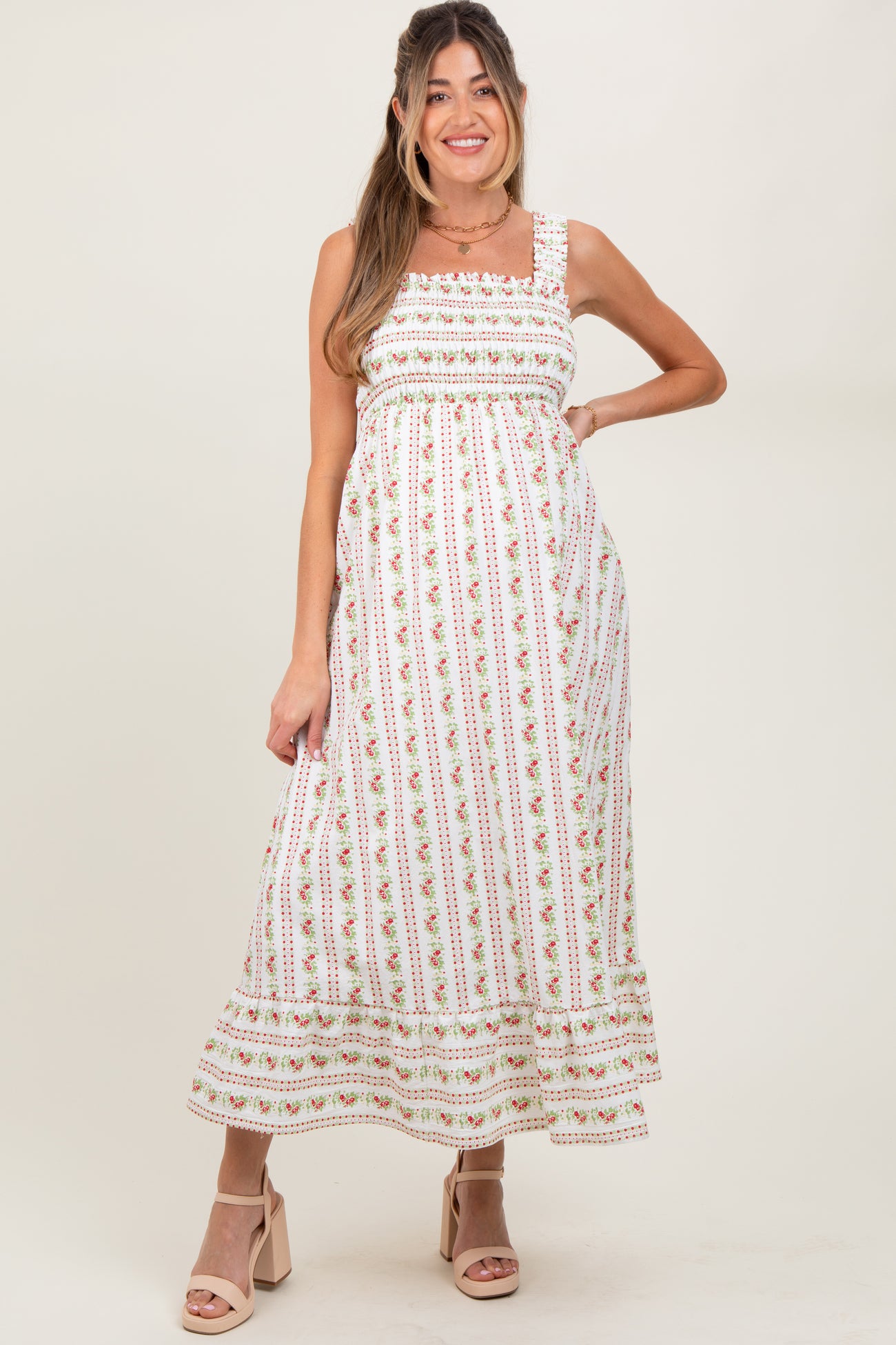 Red Floral Smocked Sleeveless Maternity Maxi Dress