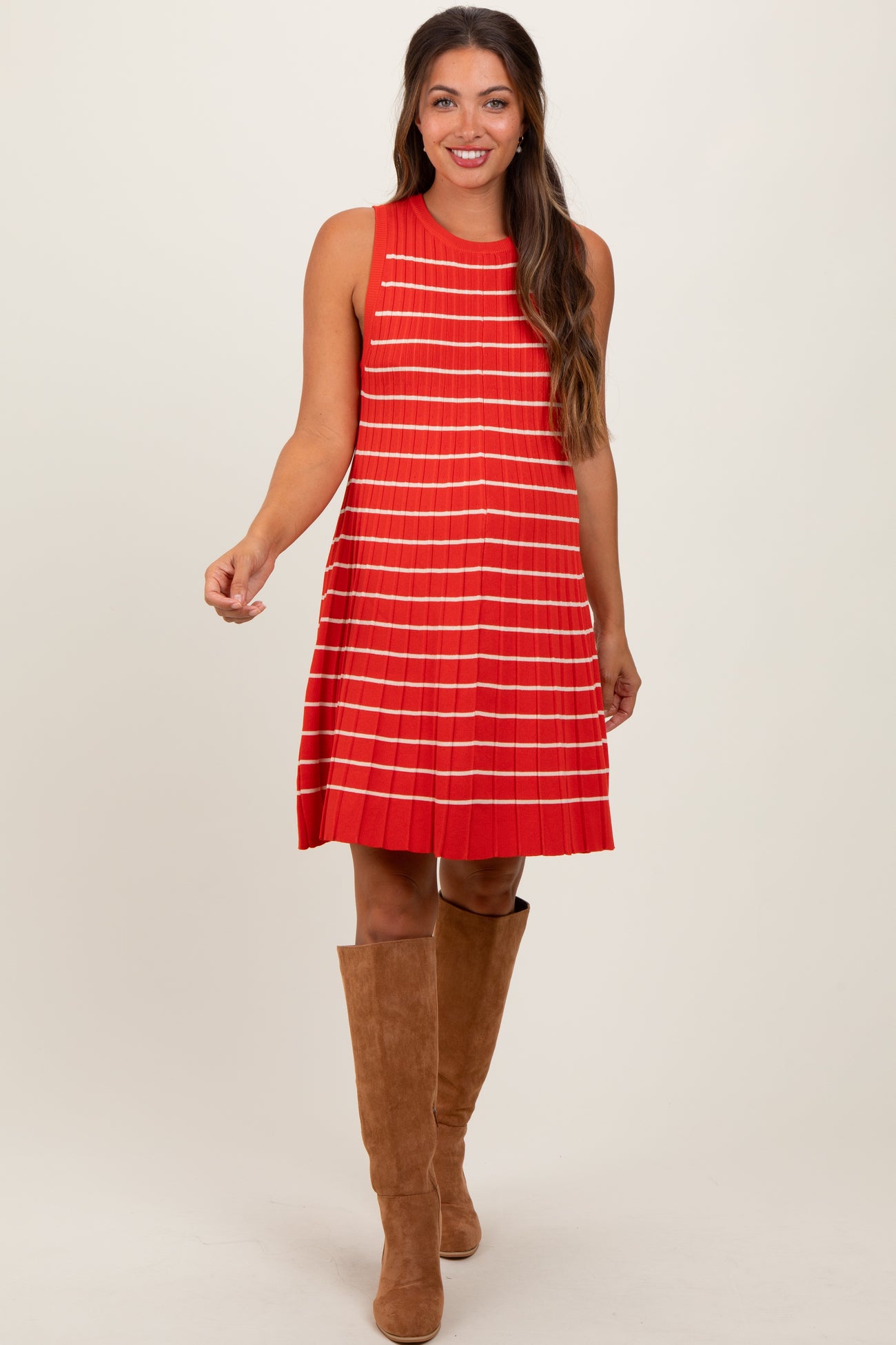 Orange Ribbed Pleated Knit Sleeveless Maternity Mini Dress