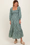 Light Olive Floral Smocked Square Neck Maxi Dress