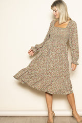 Olive Floral Smocked Velvet Back Tie Midi Dress