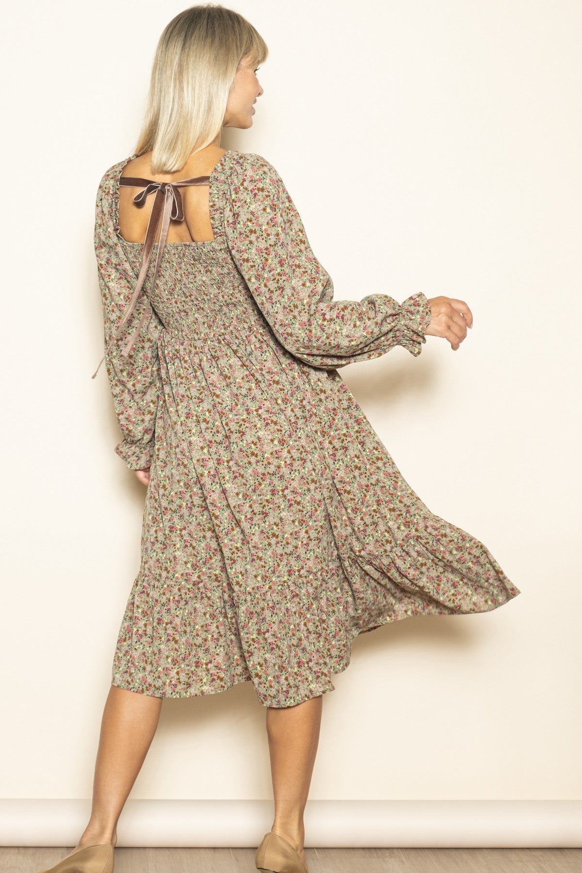 Olive Floral Smocked Velvet Back Tie Midi Dress