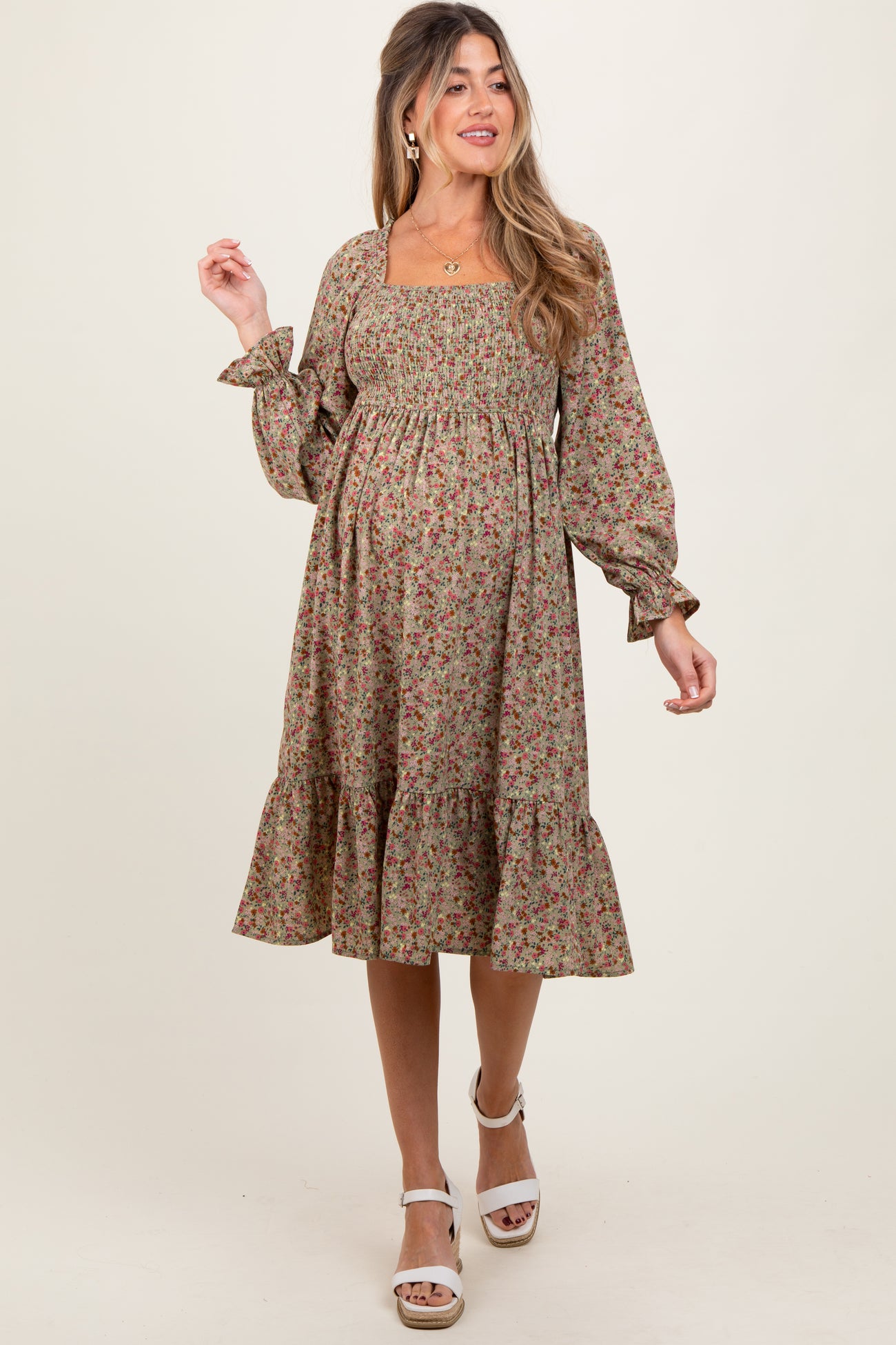 Olive Floral Smocked Velvet Back Tie Maternity Midi Dress