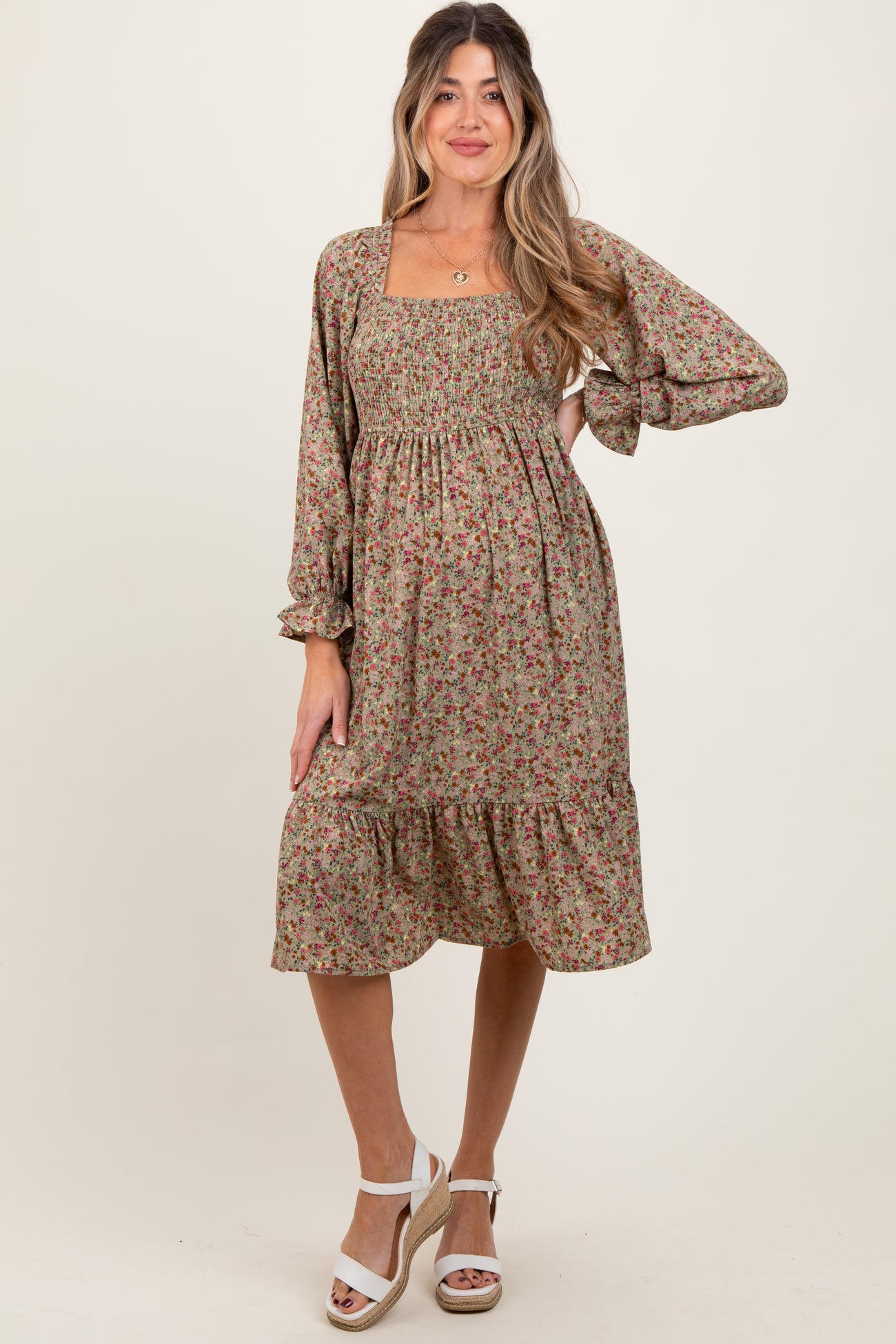 Olive Floral Smocked Velvet Back Tie Maternity Midi Dress