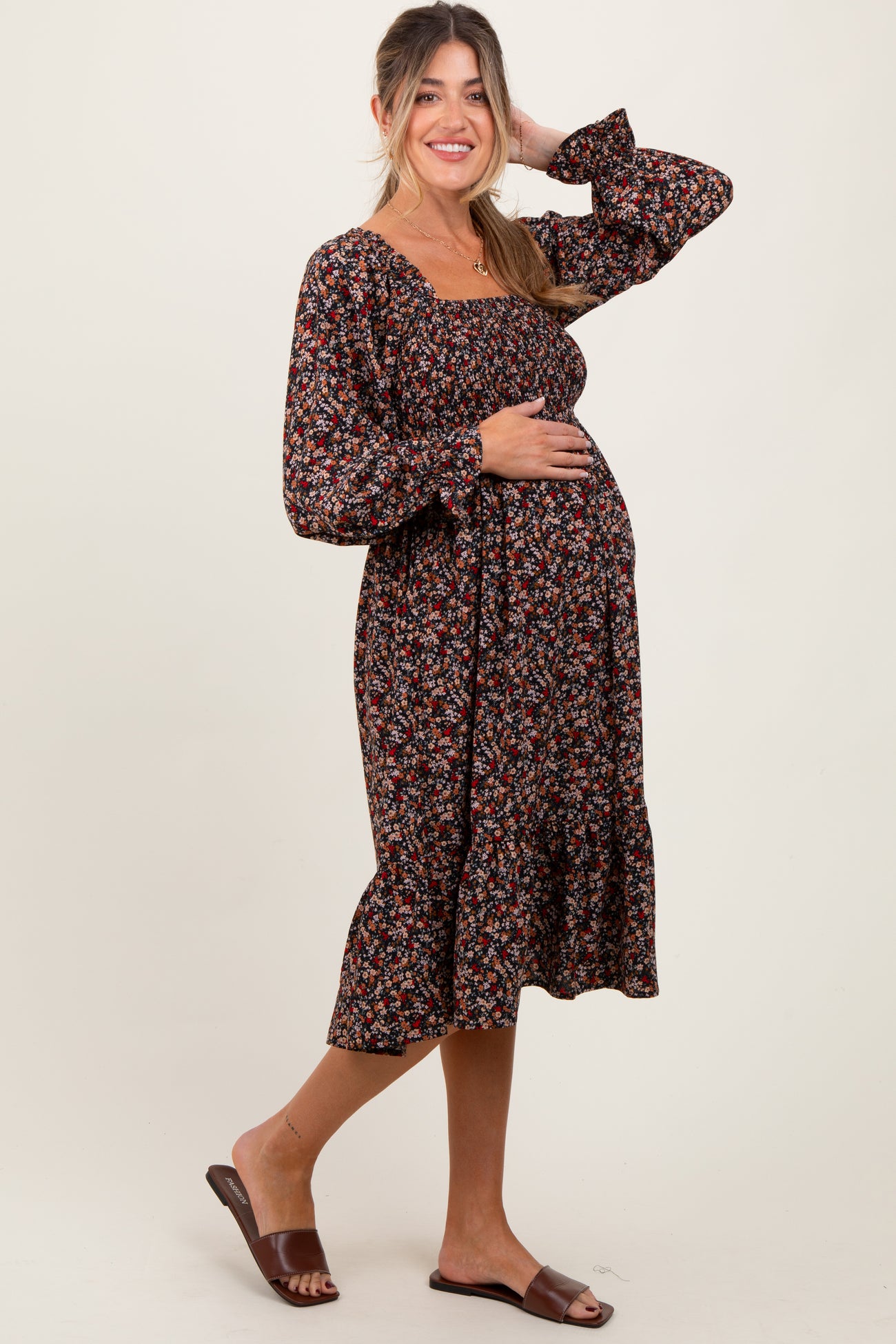Black Floral Smocked Velvet Back Tie Maternity Midi Dress