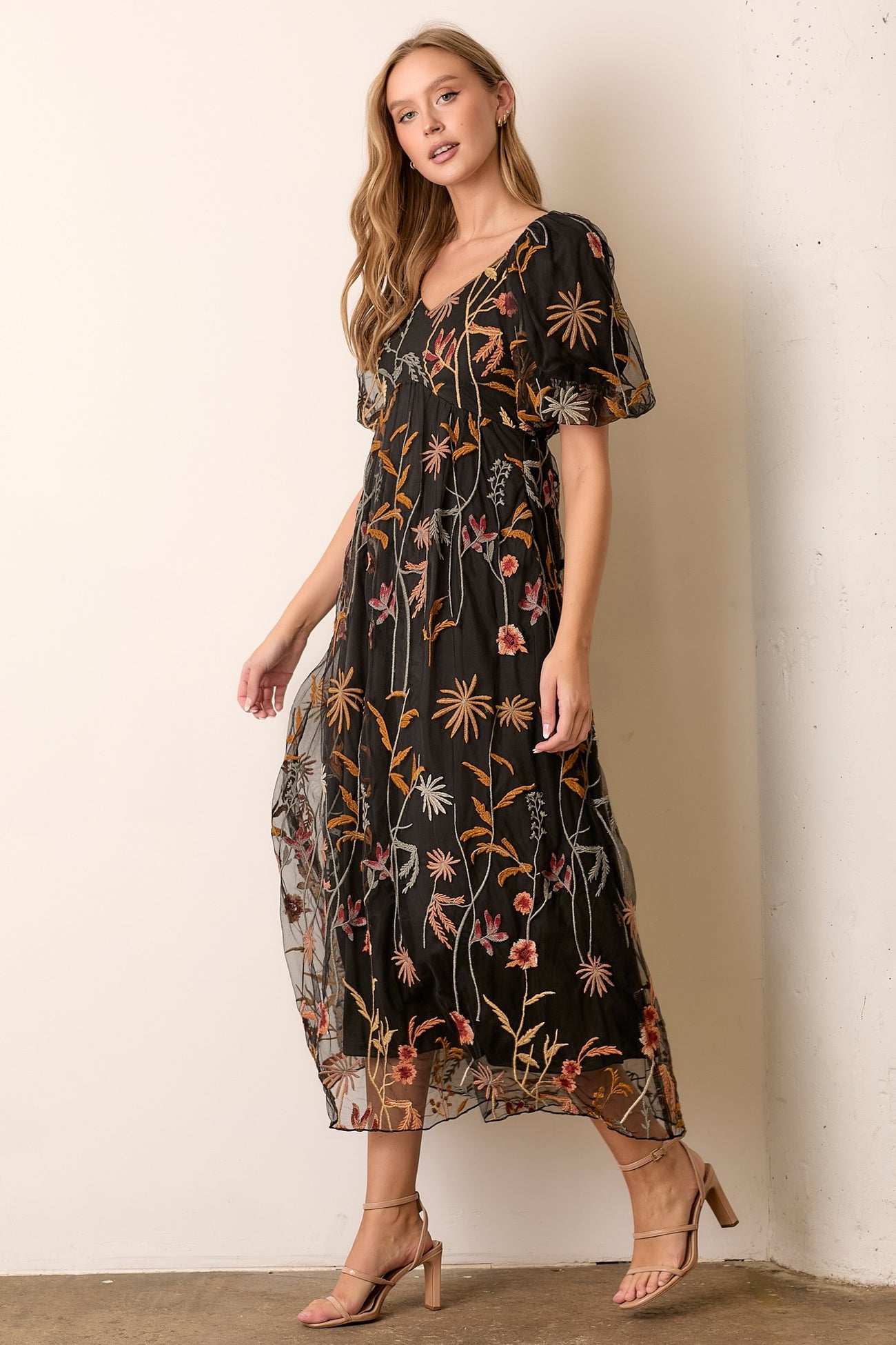 Black Embroidered Floral Mesh Overlay Midi Dress