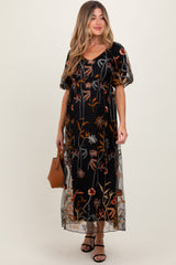Black Embroidered Floral Mesh Overlay Maternity Midi Dress