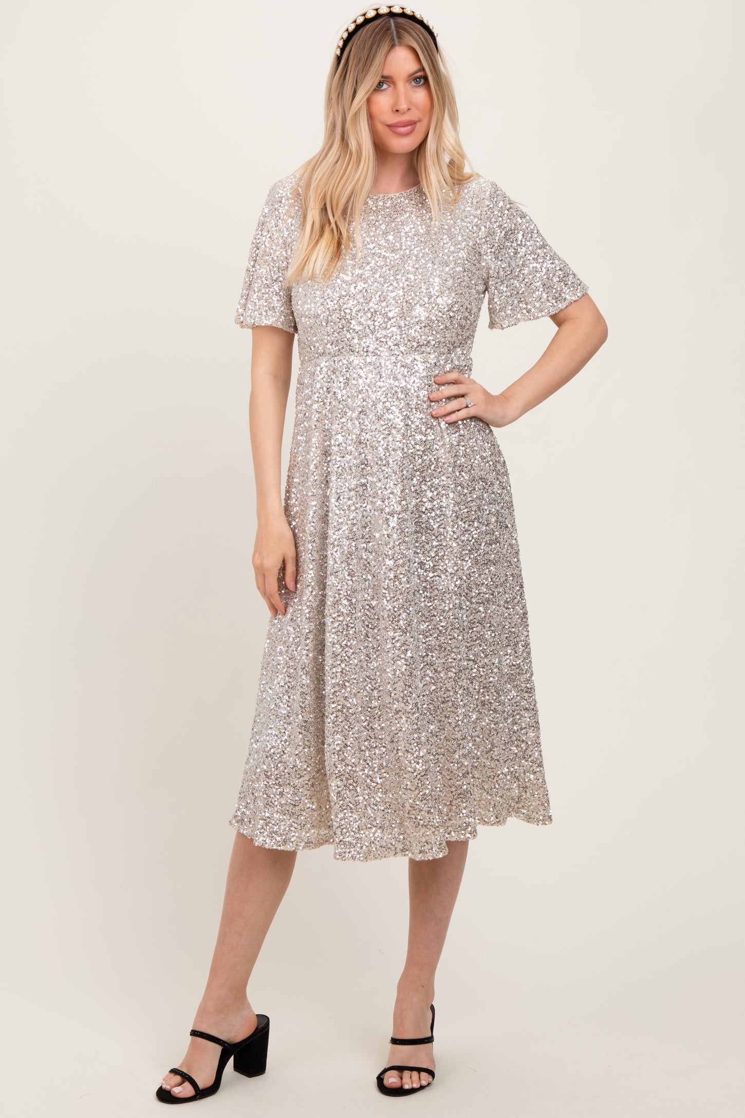 Gold Sequin Short Sleeve Midi Dress