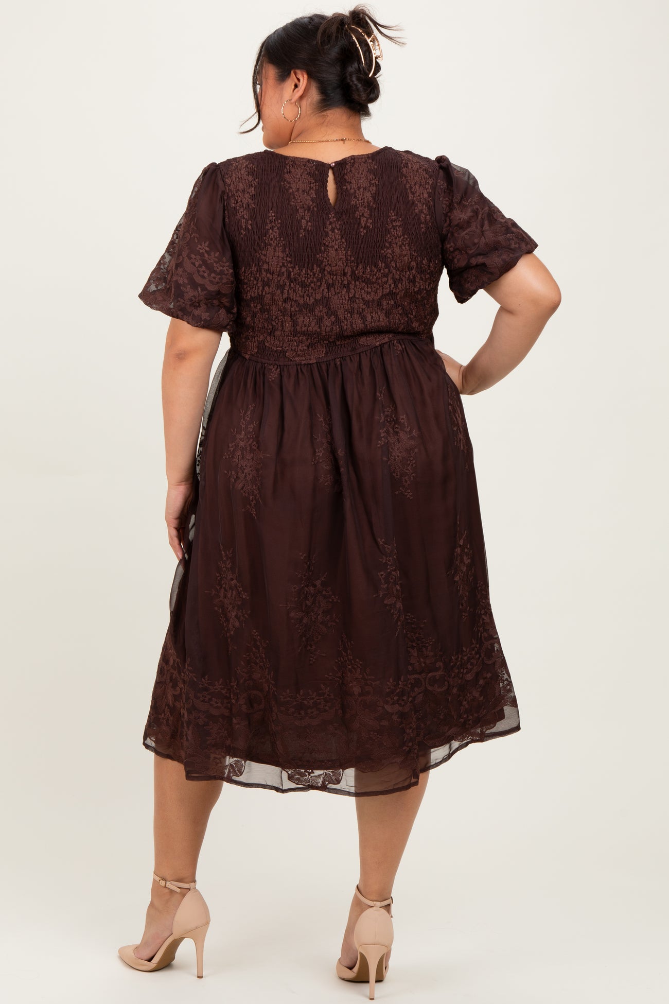 Brown Floral Embroidered Mesh Overlay Smocked Plus Midi Dress